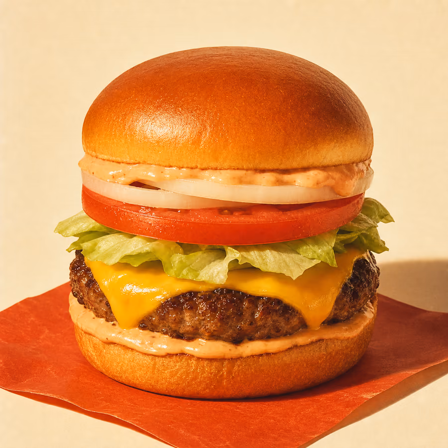 Diner-Doppeldecker mit dickem, saftigem Patty, American Cheese, Eisbergsalat, Tomate und Zwiebel im getoasteten Brioche-Bun