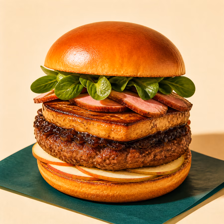 Foie-Gras-Burger mit dickem Patty, scharf gebratener Entenstopfleber, Zwiebelmarmelade, geräucherter Entenbrust, Apfelscheiben und Feldsalat im getoasteten Brioche-Bun