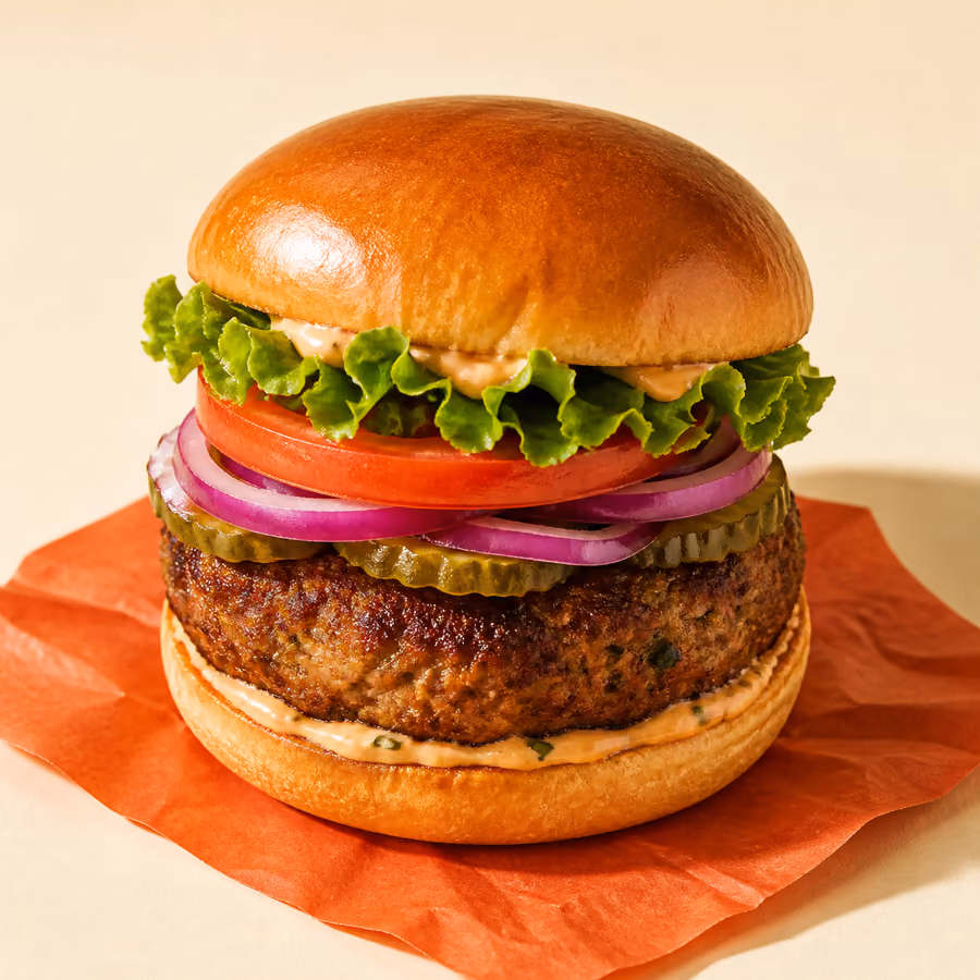 Frikadellen-Burger mit gebundenem, gebratenem Patty, Kopfsalat, Tomate, roter Zwiebel und Gewürzgurke im getoasteten Brioche-Bun