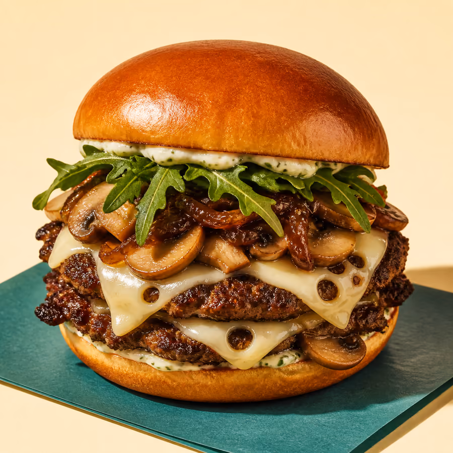 Pilz-Swiss-Burger: Doppel-Smash mit goldbraun gebratenen Champignons, geschmolzenem Bergkäse, karamellisierten Zwiebeln und Rucola im getoasteten Brioche-Bun