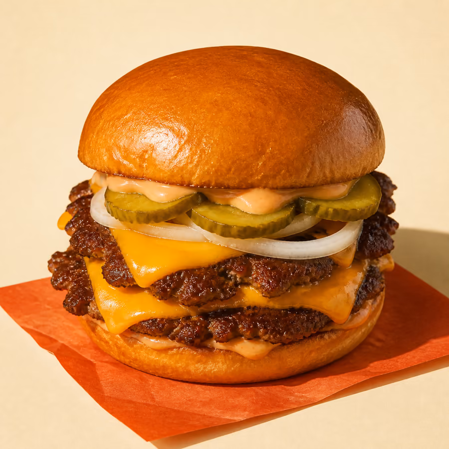 Smash-Cheeseburger mit zwei dünnen, krustigen Patties, geschmolzenem Cheddar, Zwiebelringen und Gewürzgurken im getoasteten Brioche-Bun