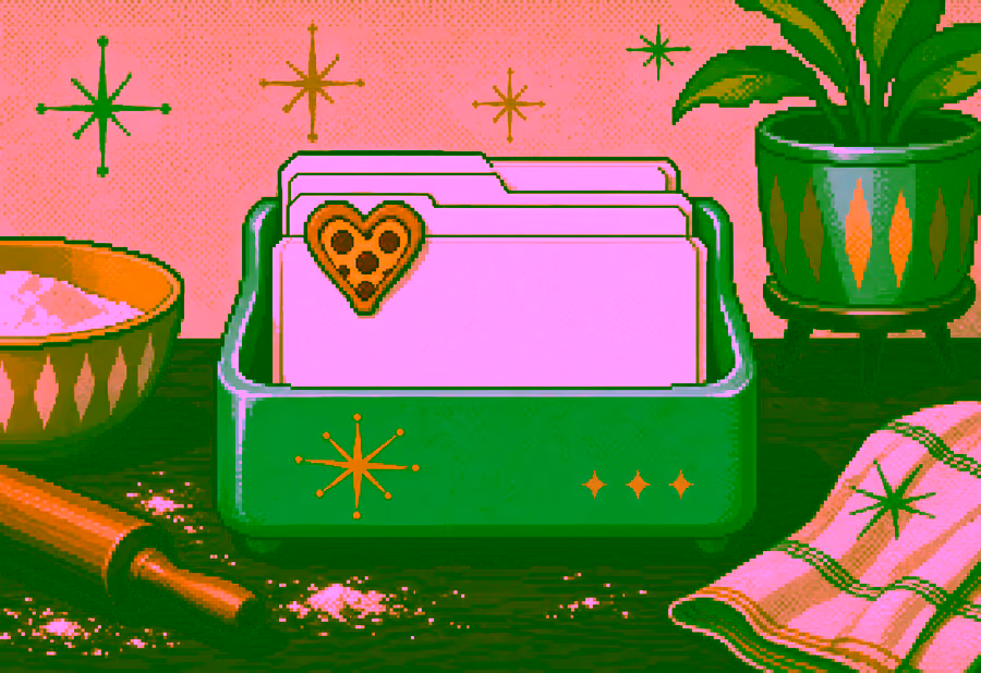 Pixelbild: Leerer Rezeptkartenkasten mit herzförmigem Burger-Lesezeichen.